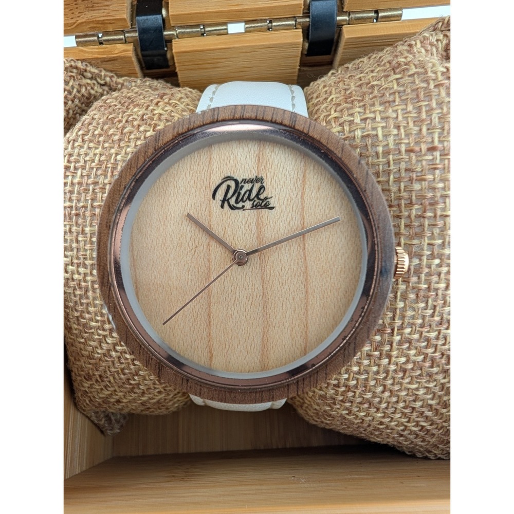 Never Ride Solo Watch Women 38mm Wooden Case Leather Band w/ Box- New Battery